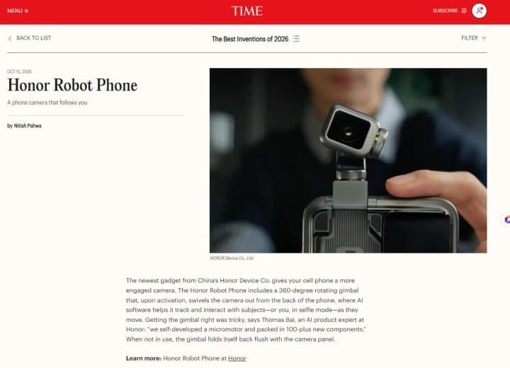 HONOR Robot Phone selected as TIME’s The Best Inventions of 2026